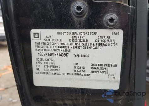 1999 Chevrolet Silverado 1500 Ls from USA, damaged, VIN 1GCEK14V0XZ149607